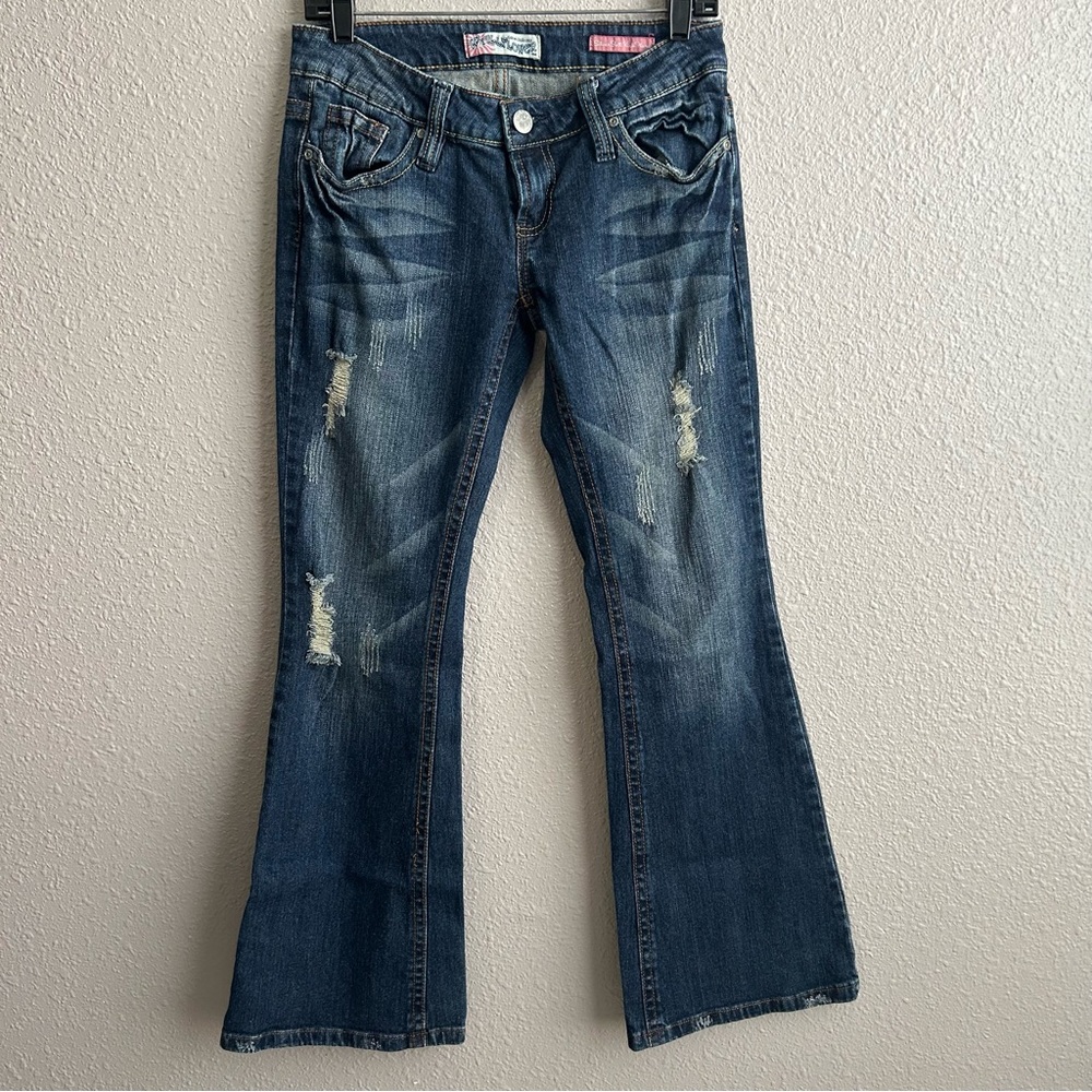 Wallflower Y2K vintage low rise Silver Bell Kick Flare destructed jeans